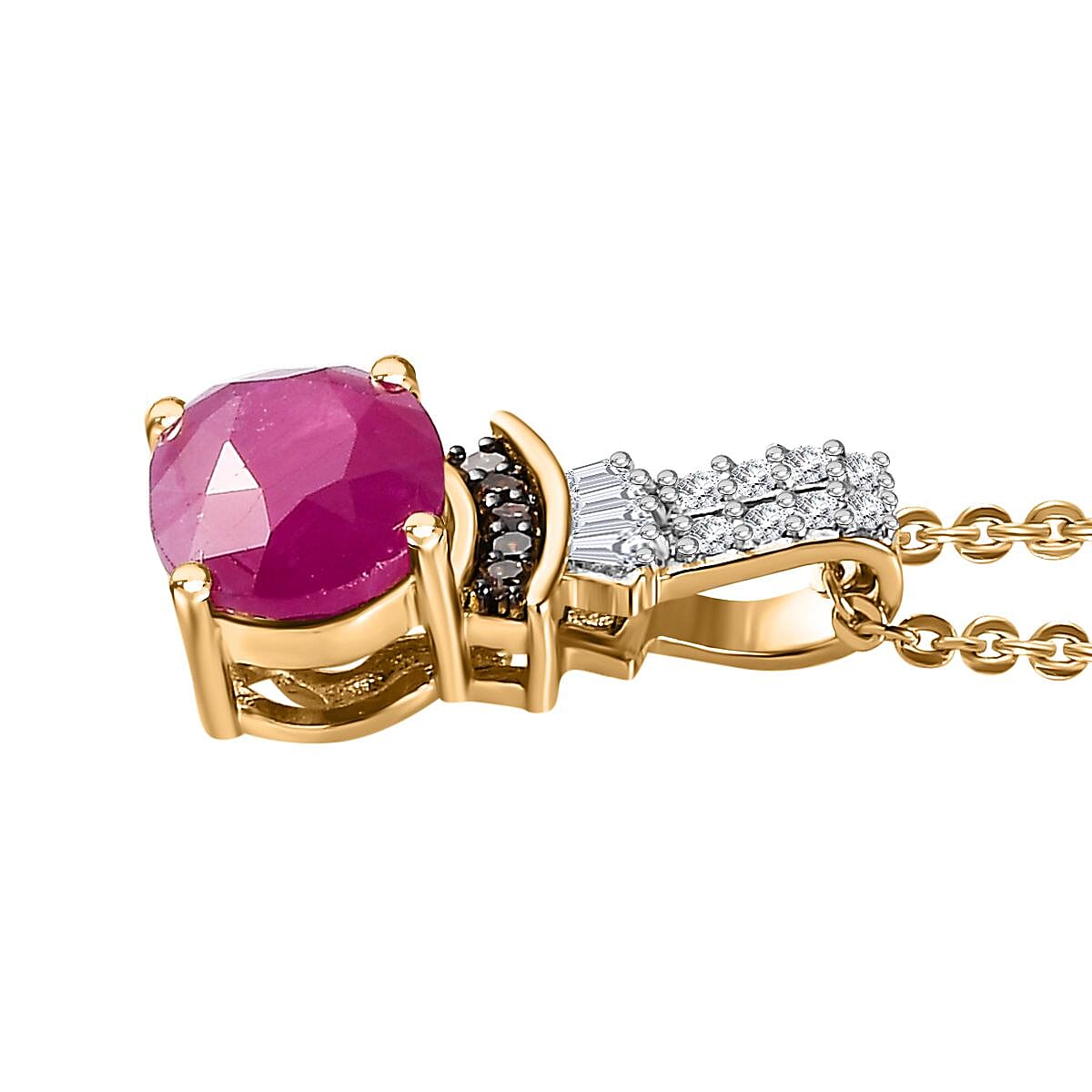 Premium Montepuez Ruby, Natural Champagne and White Diamond Pendant Necklace 20 Inches in 18K Vermeil Yellow Gold Over Sterling Silver