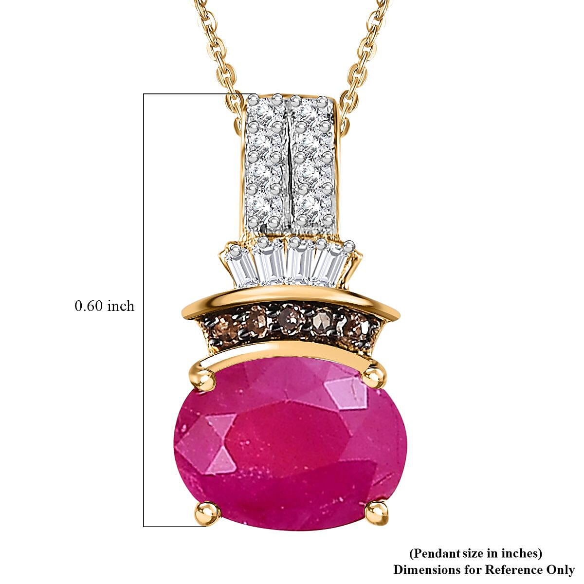 Premium Montepuez Ruby, Natural Champagne and White Diamond Pendant Necklace 20 Inches in 18K Vermeil Yellow Gold Over Sterling Silver