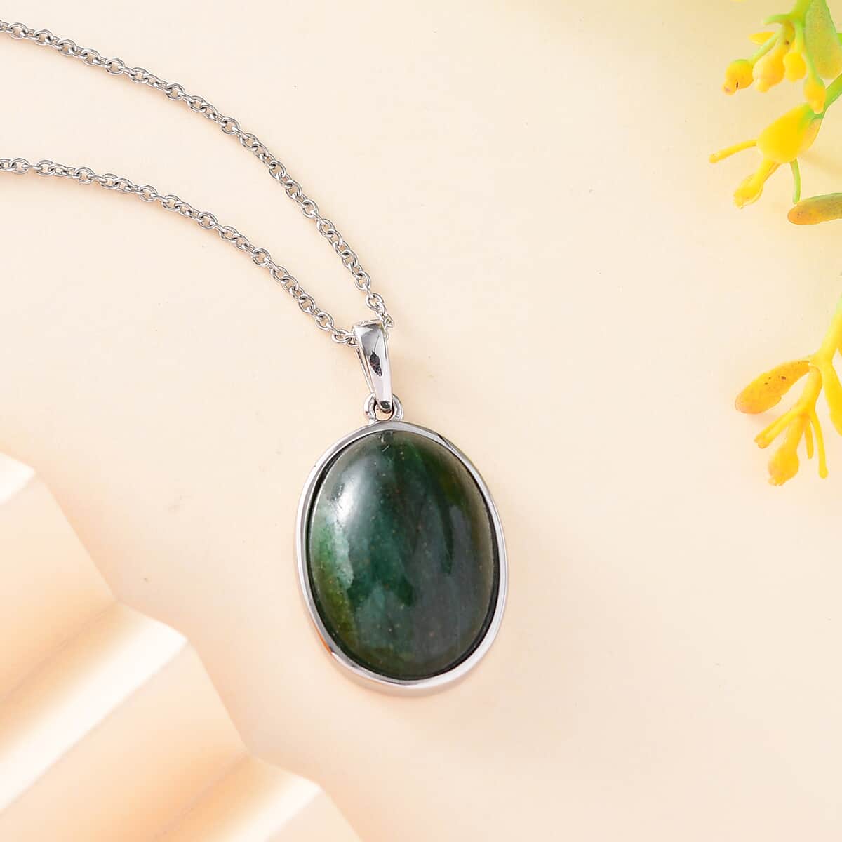 Green Aventurine 20.00 ctw Pendant Necklace in Stainless Steel 20 Inches image number 1