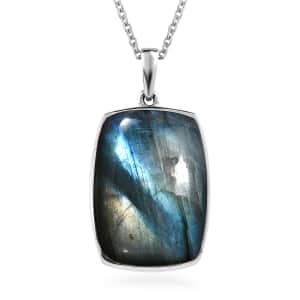 Malagasy Labradorite 35.00 ctw Solitaire Pendant Necklace in Stainless Steel 20 Inches