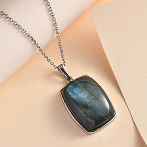 Malagasy Labradorite 35.00 ctw Solitaire Pendant Necklace in Stainless Steel 20 Inches