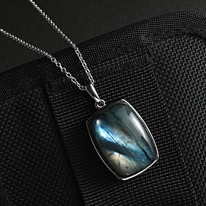 Malagasy Labradorite 35.00 ctw Solitaire Pendant Necklace in Stainless Steel 20 Inches