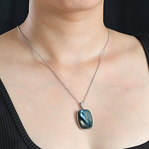 Malagasy Labradorite 35.00 ctw Solitaire Pendant Necklace in Stainless Steel 20 Inches