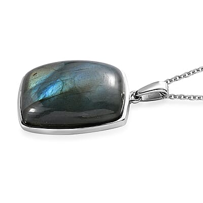 Malagasy Labradorite 35.00 ctw Solitaire Pendant Necklace in Stainless Steel 20 Inches