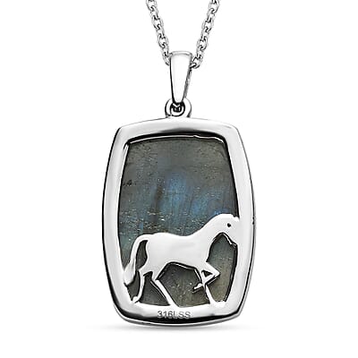 Malagasy Labradorite 35.00 ctw Solitaire Pendant Necklace in Stainless Steel 20 Inches