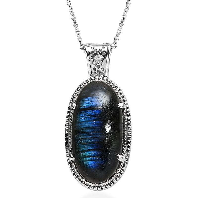 Malagasy Labradorite 25.25 ctw Pendant Necklace in Stainless Steel 20 Inches
