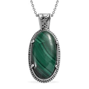 African Malachite 30.75 ctw Solitaire Pendant Necklace in Stainless Steel 20 Inches