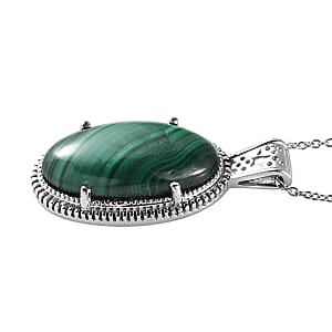 African Malachite 30.75 ctw Solitaire Pendant Necklace in Stainless Steel 20 Inches