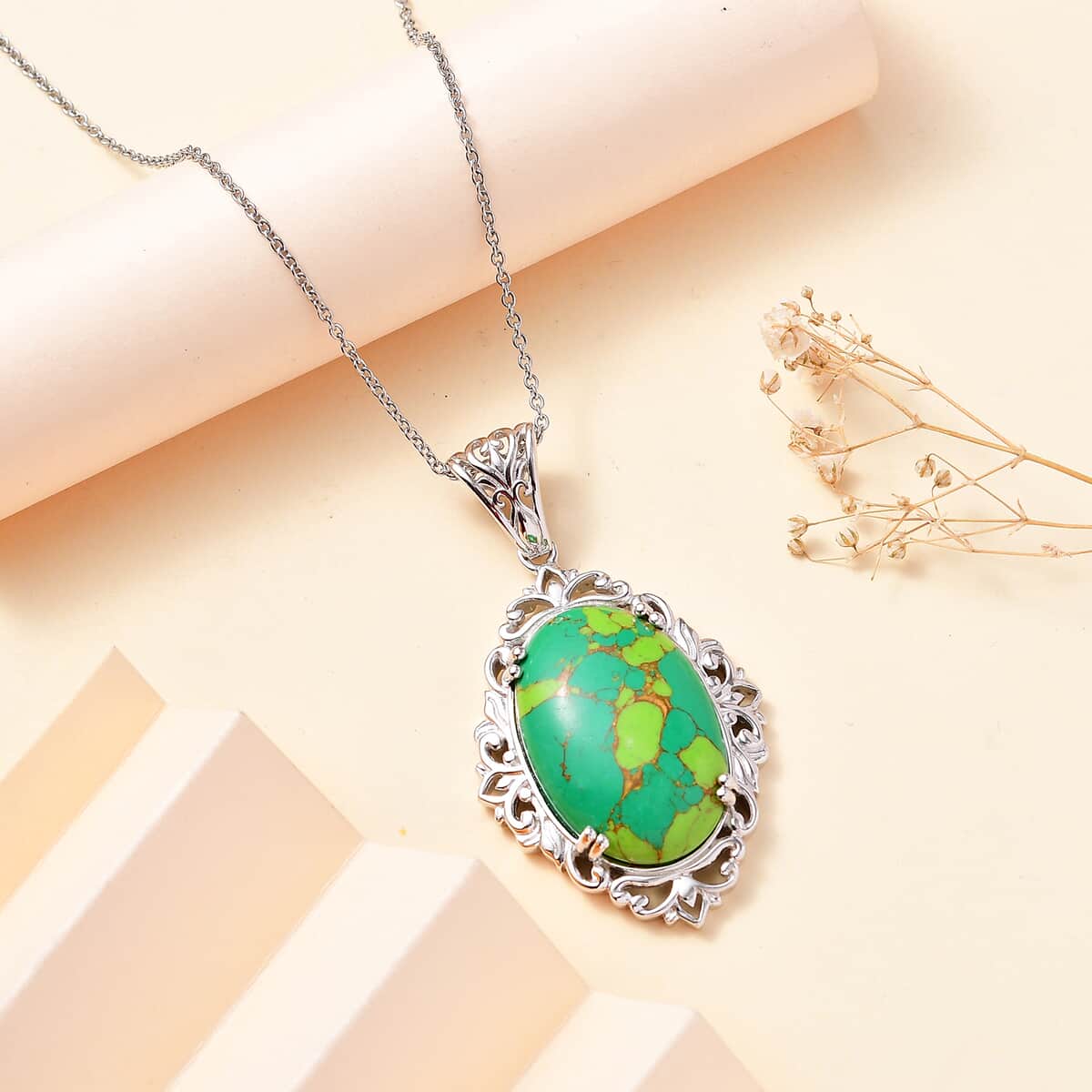 Karis Mojave Green Turquoise 26.85 ctw Pendant in Platinum Bond with Stainless Steel Necklace 20 Inches image number 1