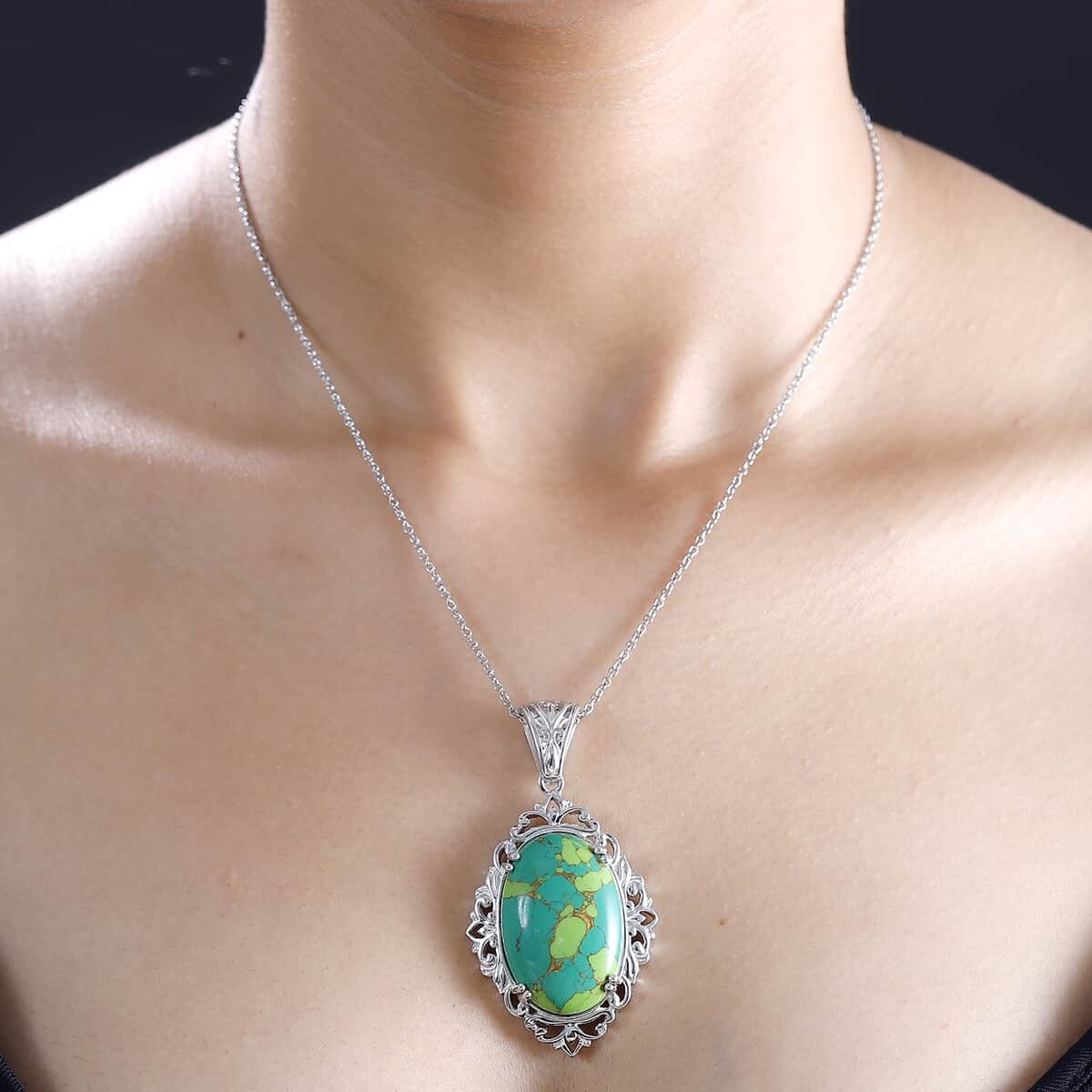 Karis Mojave Green Turquoise 26.85 ctw Pendant in Platinum Bond with Stainless Steel Necklace 20 Inches image number 2