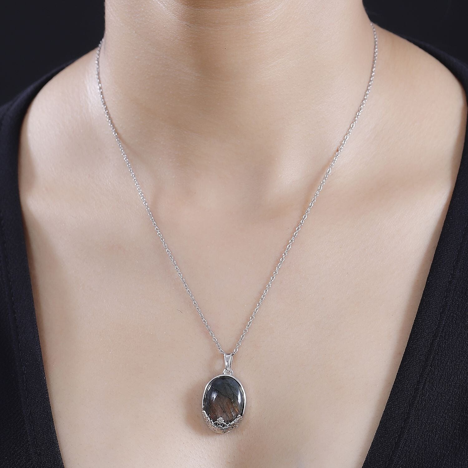 Karis Malagasy Labradorite 20.25 ctw Pendant in Platinum Bond with Stainless Steel Necklace 20 Inches