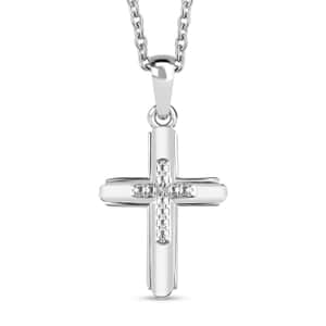 Diamond Accent Cross Pendant in Sterling Silver with Stainless Steel Necklace 20 Inches
