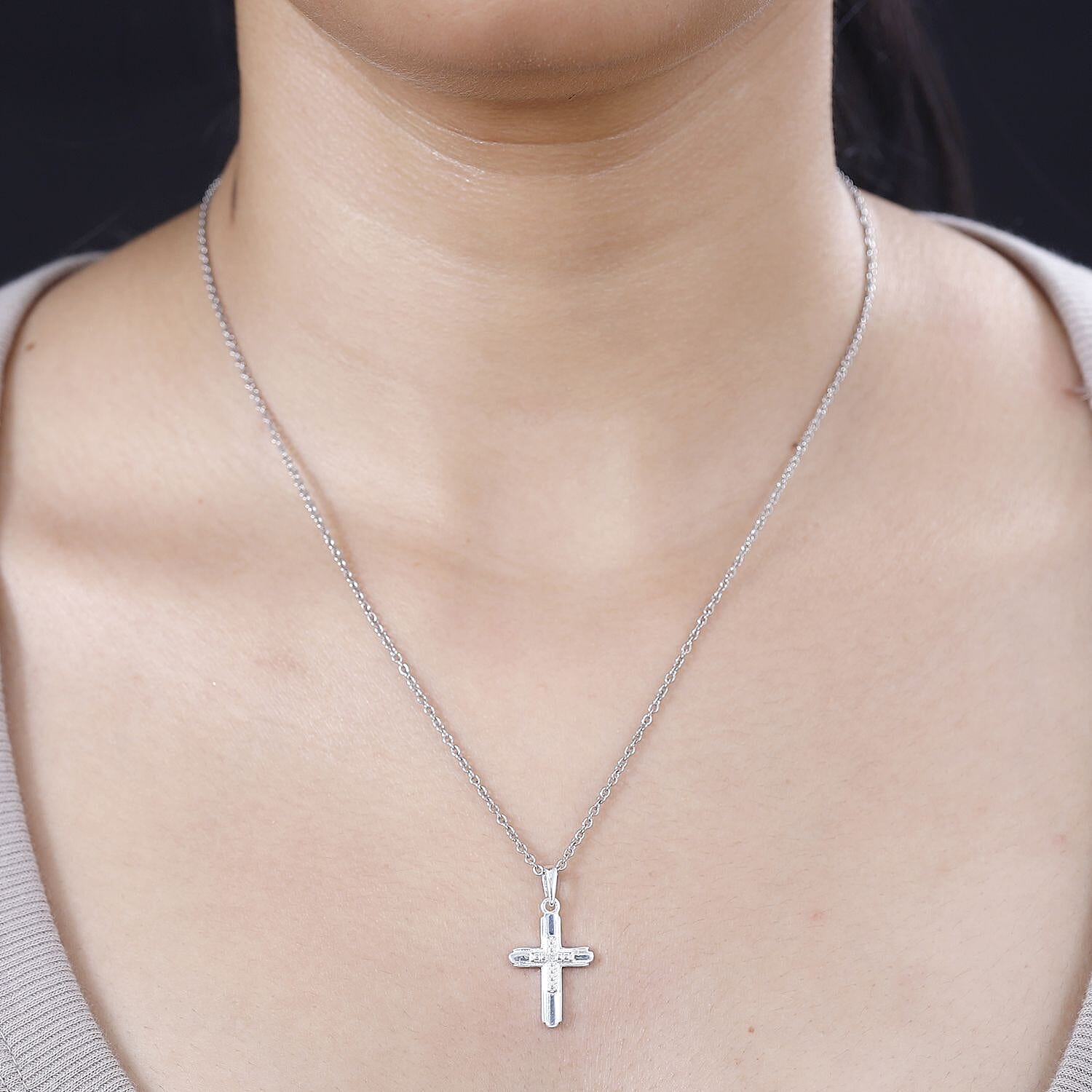 Diamond Accent Cross Pendant in Sterling Silver with Stainless Steel Necklace 20 Inches