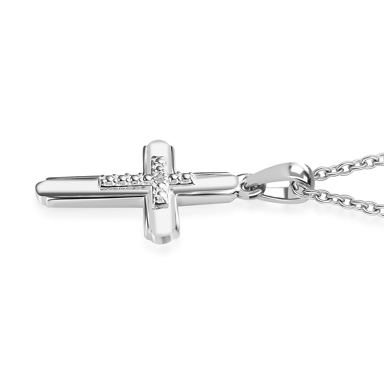 Diamond Accent Cross Pendant in Sterling Silver with Stainless Steel Necklace 20 Inches