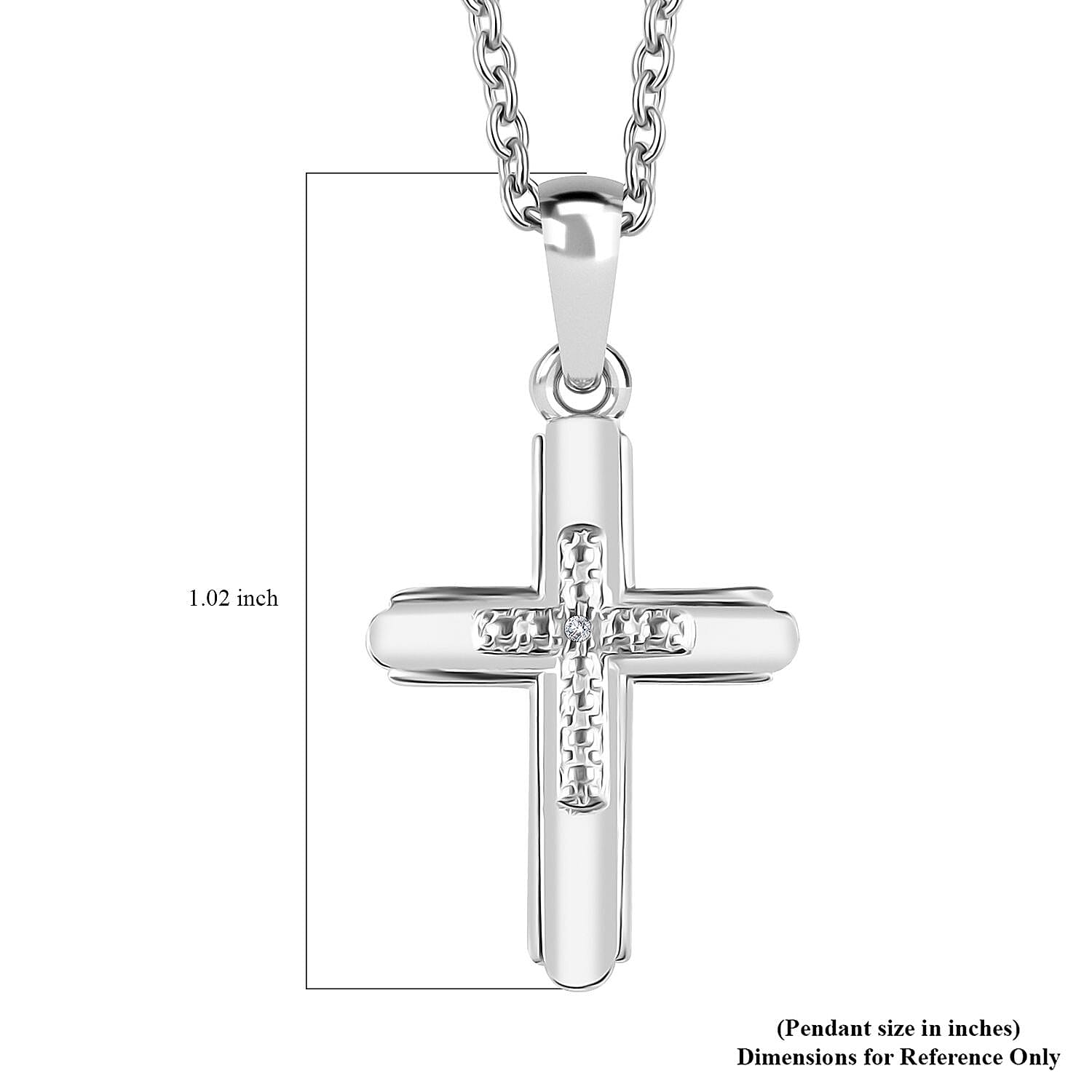 Diamond Accent Cross Pendant in Sterling Silver with Stainless Steel Necklace 20 Inches