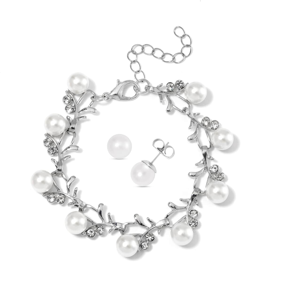 White Shell Pearl and White Crystal Bracelet (6.50-8.00In) and Stud Earrings in Stainless Steel image number 0