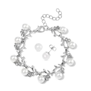 White Shell Pearl and White Crystal Bracelet (6.50-8.00In) and Stud Earrings in Stainless Steel