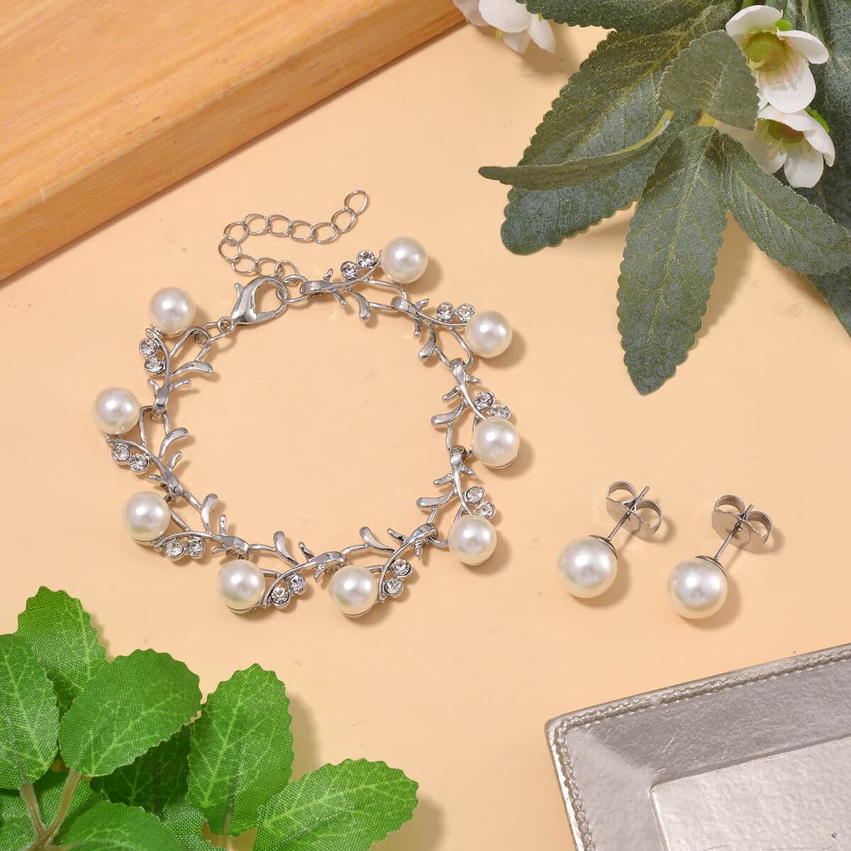 White Shell Pearl and White Crystal Bracelet (6.50-8.00In) and Stud Earrings in Stainless Steel image number 1