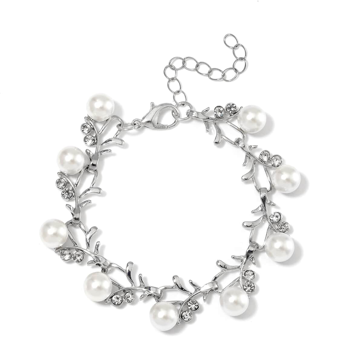 White Shell Pearl and White Crystal Bracelet (6.50-8.00In) and Stud Earrings in Stainless Steel image number 2