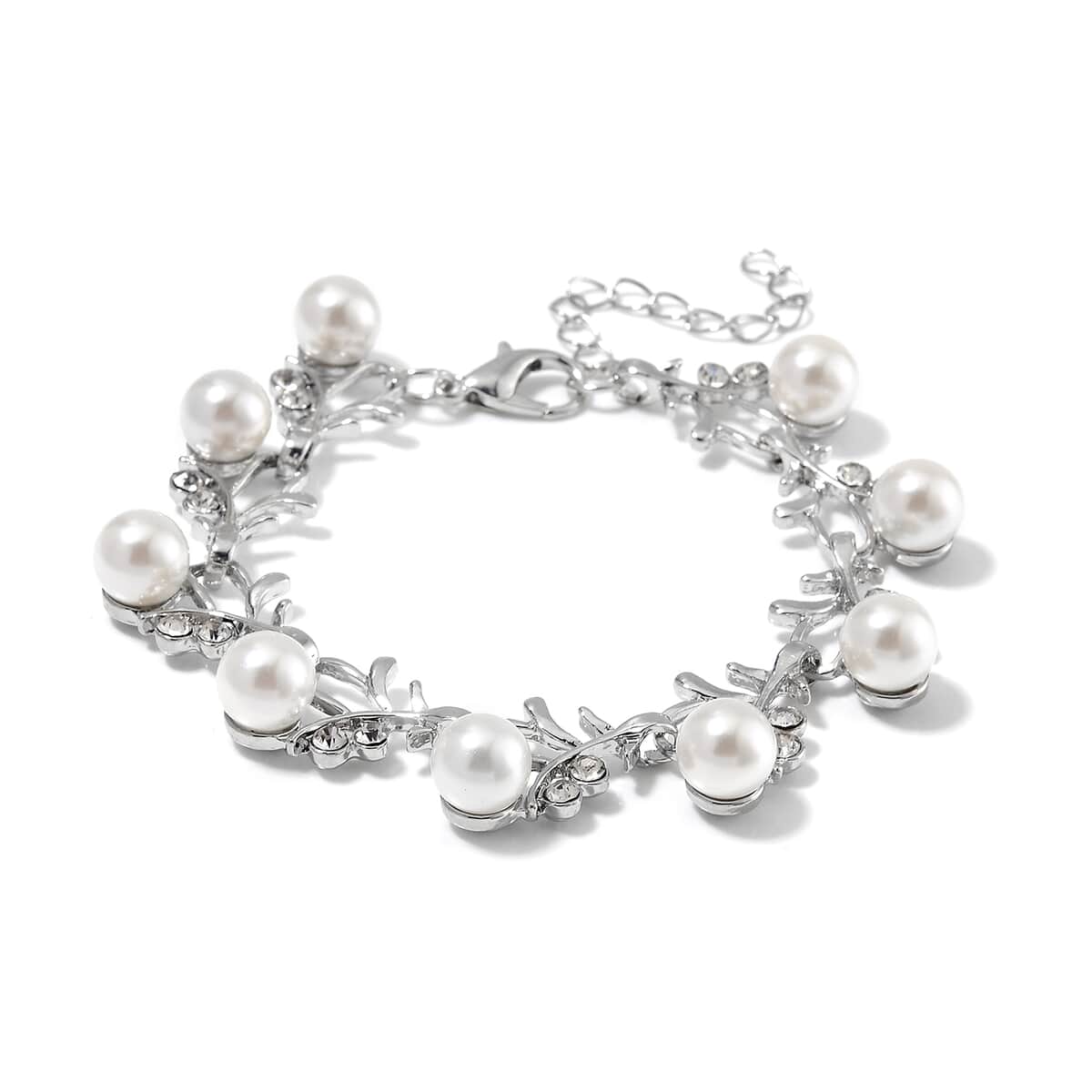 White Shell Pearl and White Crystal Bracelet (6.50-8.00In) and Stud Earrings in Stainless Steel image number 3