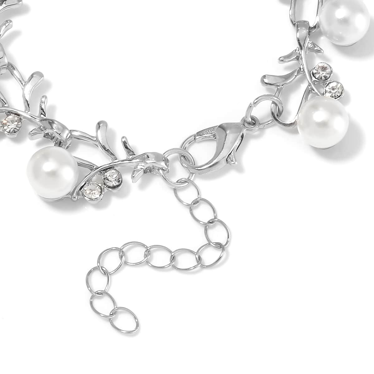 White Shell Pearl and White Crystal Bracelet (6.50-8.00In) and Stud Earrings in Stainless Steel image number 4