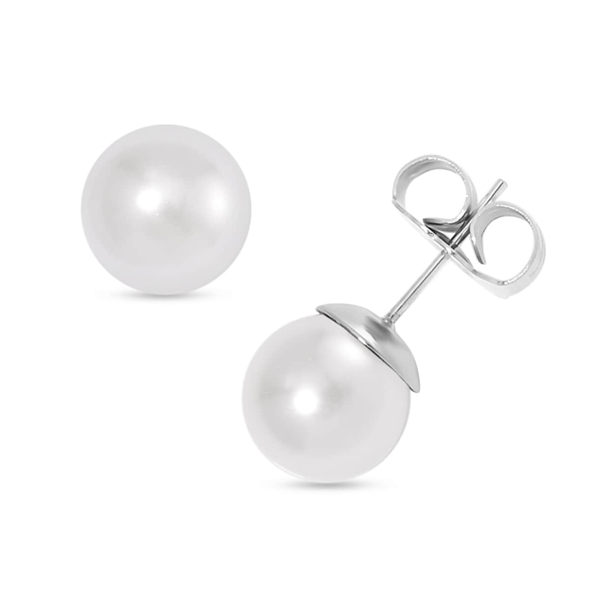 White Shell Pearl and White Crystal Bracelet (6.50-8.00In) and Stud Earrings in Stainless Steel image number 5