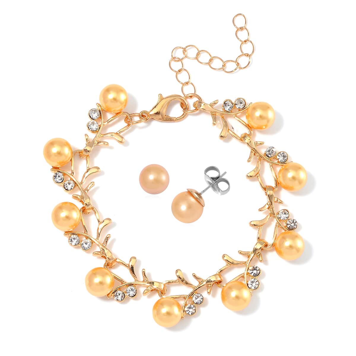 Golden Shell Pearl and White Crystal Bracelet (6.50-8.00In) and Stud Earrings in ION Plated YG Stainless Steel image number 0