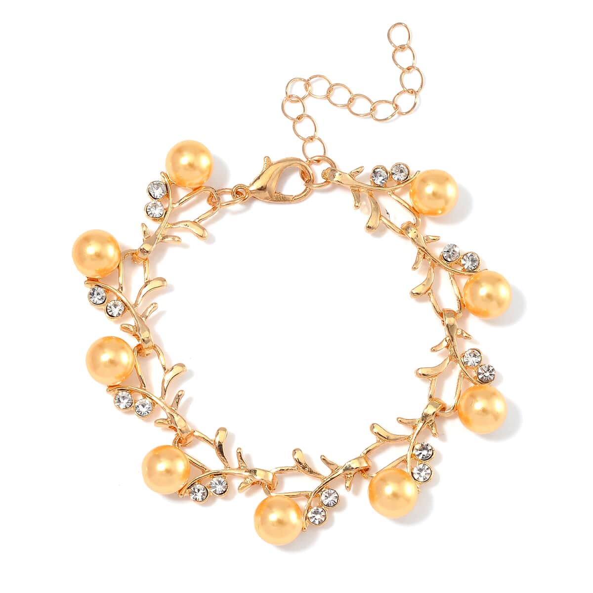 Golden Shell Pearl and White Crystal Bracelet (6.50-8.00In) and Stud Earrings in ION Plated YG Stainless Steel image number 2