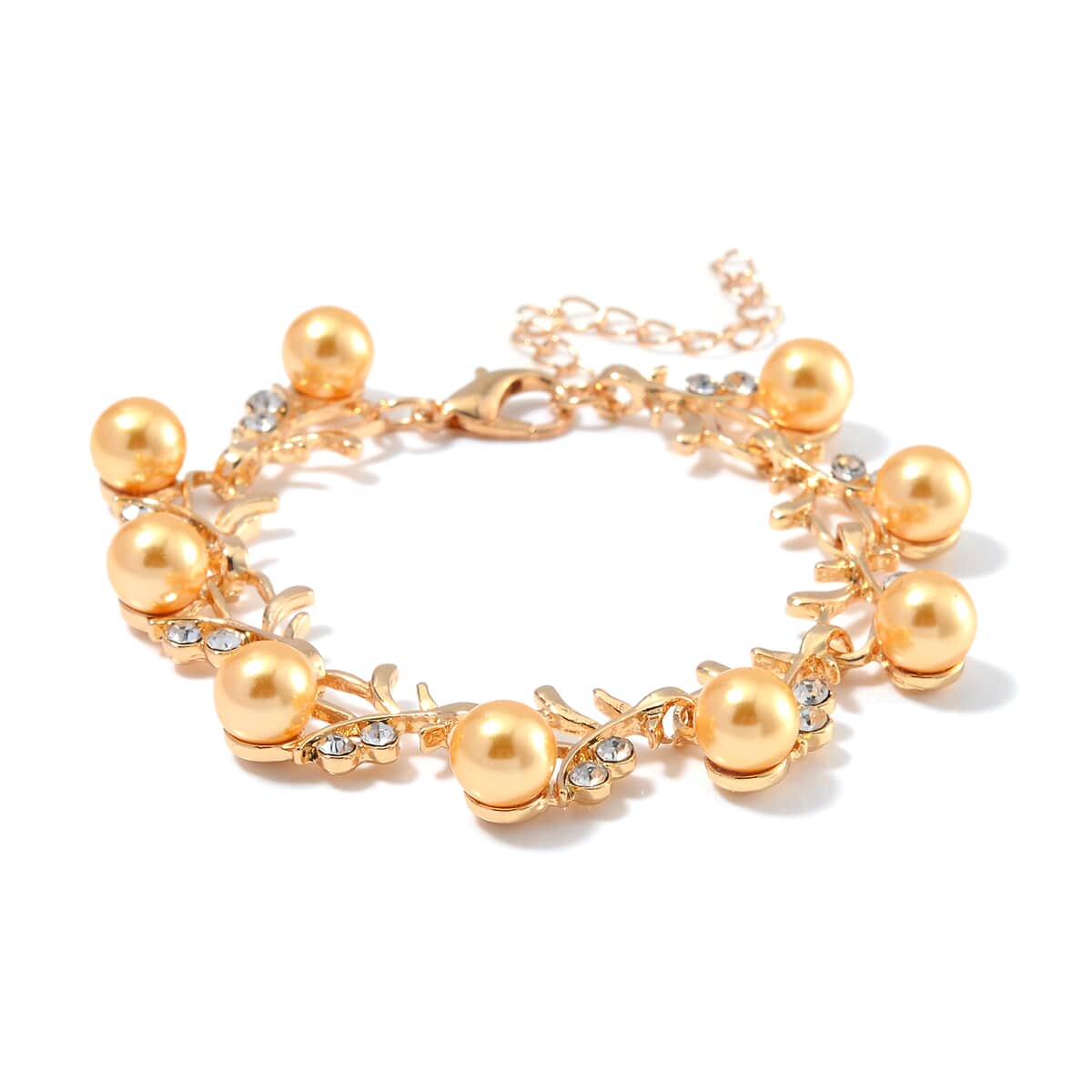 Golden Shell Pearl and White Crystal Bracelet (6.50-8.00In) and Stud Earrings in ION Plated YG Stainless Steel image number 3