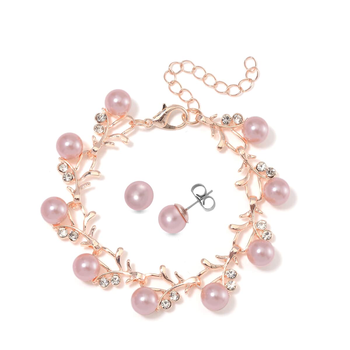 Pink Shell Pearl and White Crystal Bracelet (6.50-8.00In) and Stud Earrings in ION Plated RG Stainless Steel image number 0