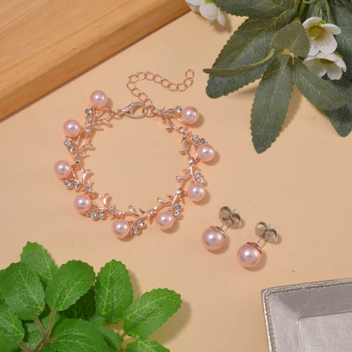 Pink Shell Pearl and White Crystal Bracelet (6.50-8.00In) and Stud Earrings in ION Plated RG Stainless Steel image number 1