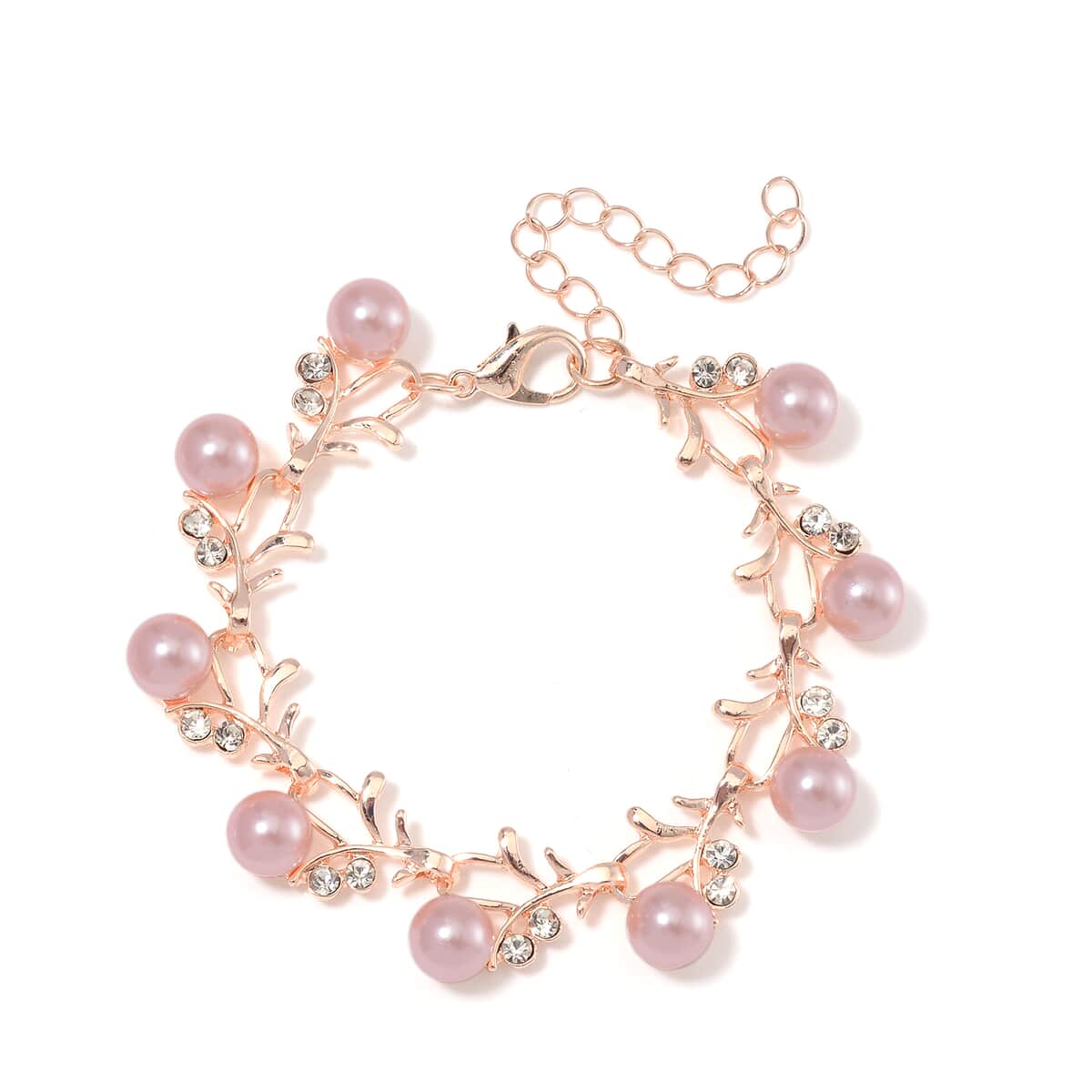 Pink Shell Pearl and White Crystal Bracelet (6.50-8.00In) and Stud Earrings in ION Plated RG Stainless Steel image number 2