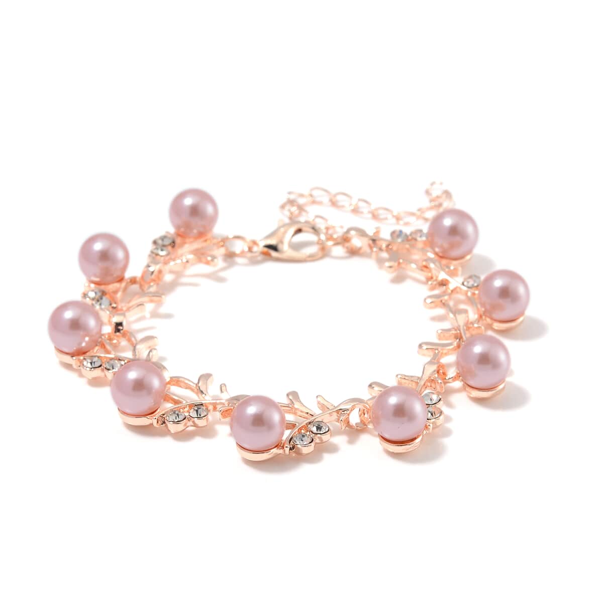 Pink Shell Pearl and White Crystal Bracelet (6.50-8.00In) and Stud Earrings in ION Plated RG Stainless Steel image number 3