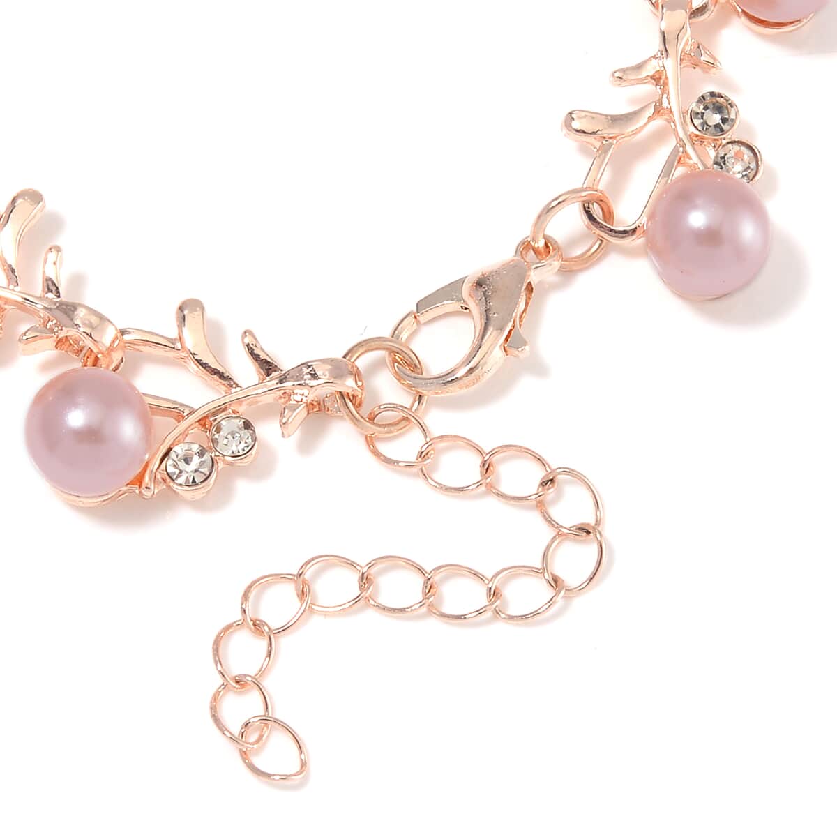 Pink Shell Pearl and White Crystal Bracelet (6.50-8.00In) and Stud Earrings in ION Plated RG Stainless Steel image number 4