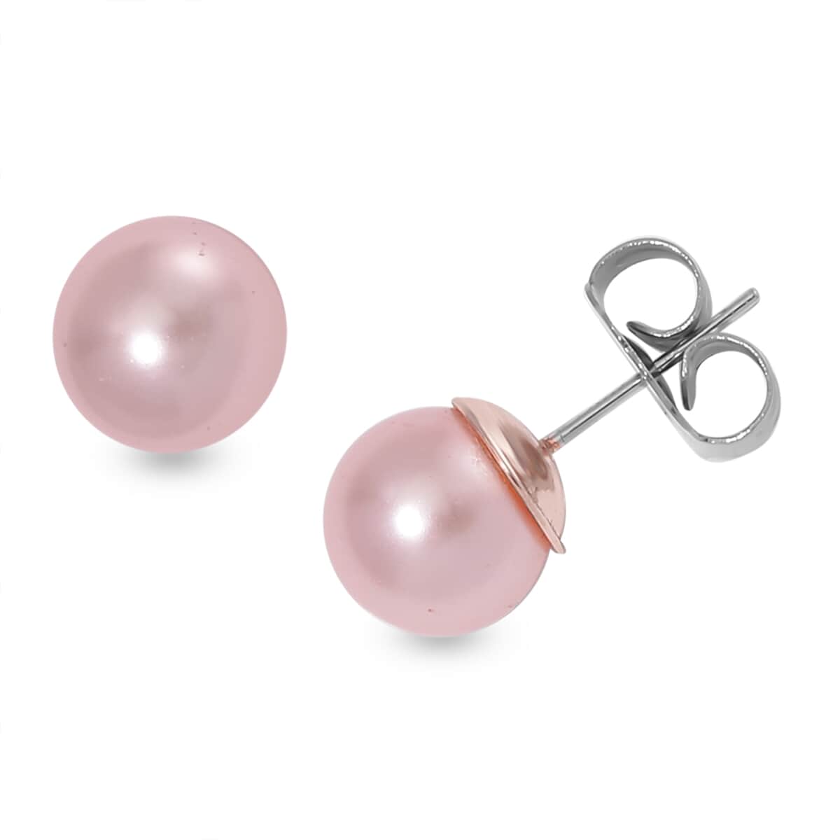 Pink Shell Pearl and White Crystal Bracelet (6.50-8.00In) and Stud Earrings in ION Plated RG Stainless Steel image number 5