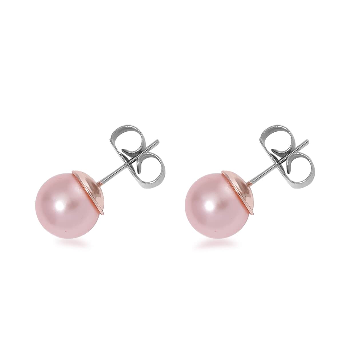 Pink Shell Pearl and White Crystal Bracelet (6.50-8.00In) and Stud Earrings in ION Plated RG Stainless Steel image number 6