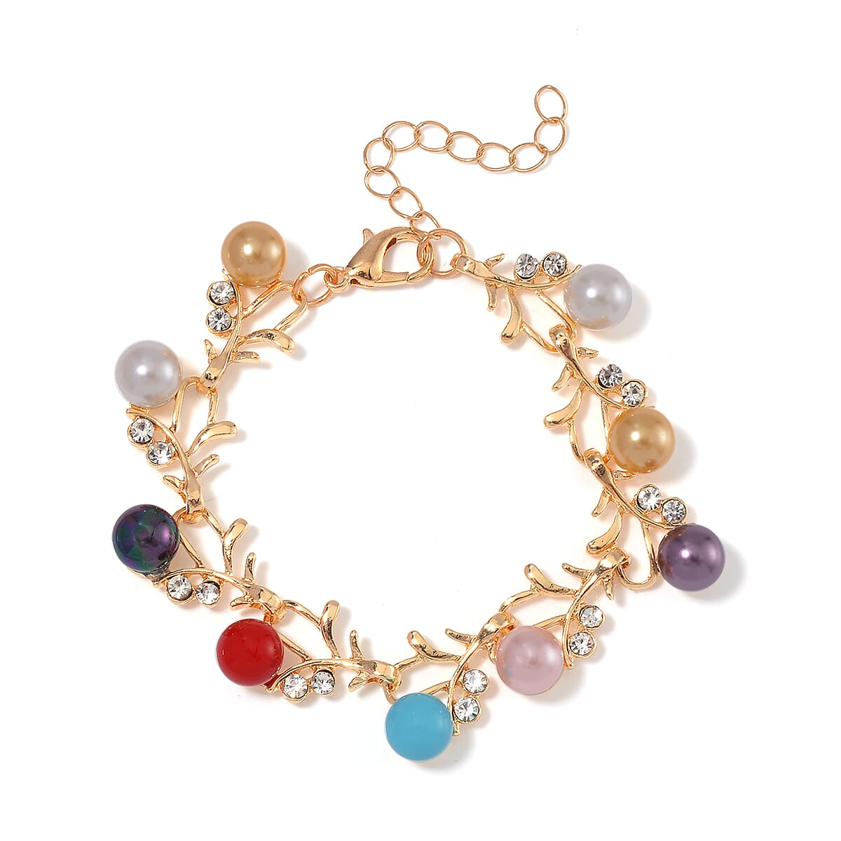 Multi Color Shell Pearl and White Crystal Bracelet (6.50-8.00In) and Stud Earrings in ION Plated YG Stainless Steel image number 2