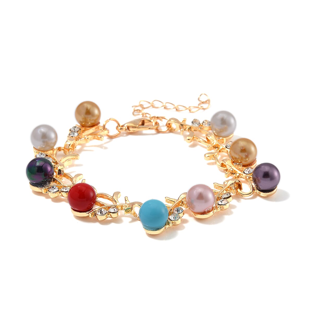 Multi Color Shell Pearl and White Crystal Bracelet (6.50-8.00In) and Stud Earrings in ION Plated YG Stainless Steel image number 3