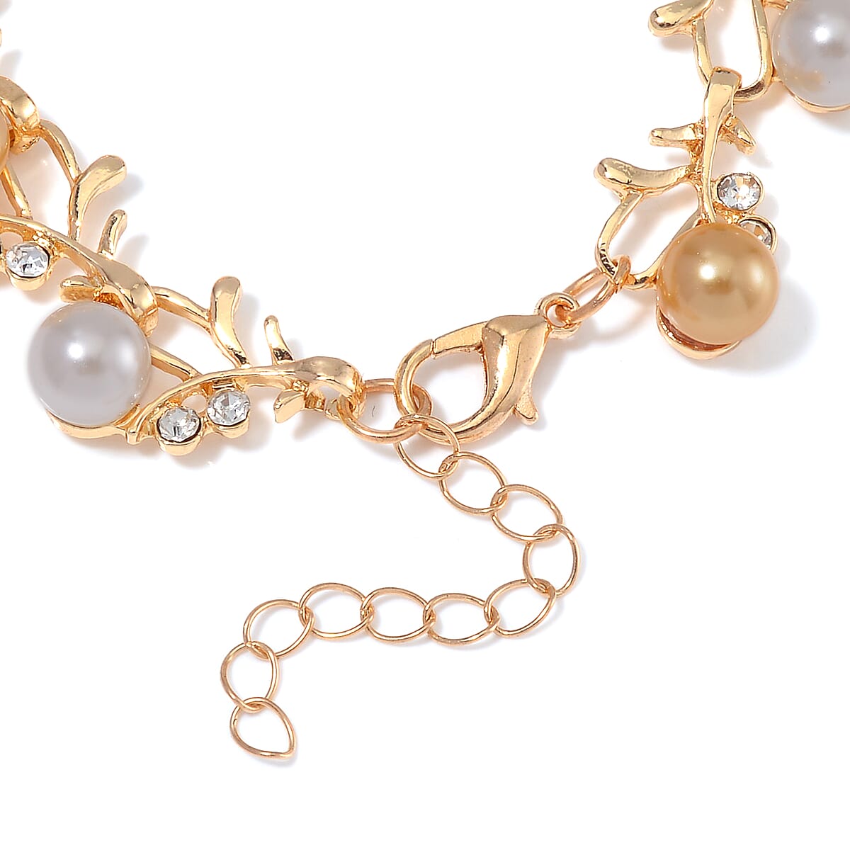 Multi Color Shell Pearl and White Crystal Bracelet (6.50-8.00In) and Stud Earrings in ION Plated YG Stainless Steel image number 4