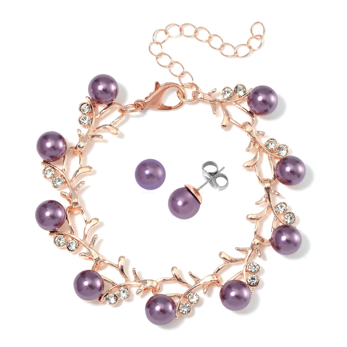 Purple Shell Pearl and White Crystal Bracelet (6.50-8.00In) and Stud Earrings in ION Plated RG and Stainless Steel image number 0