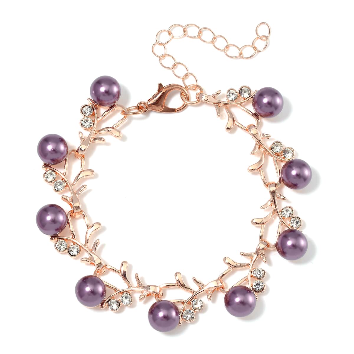 Purple Shell Pearl and White Crystal Bracelet (6.50-8.00In) and Stud Earrings in ION Plated RG and Stainless Steel image number 2