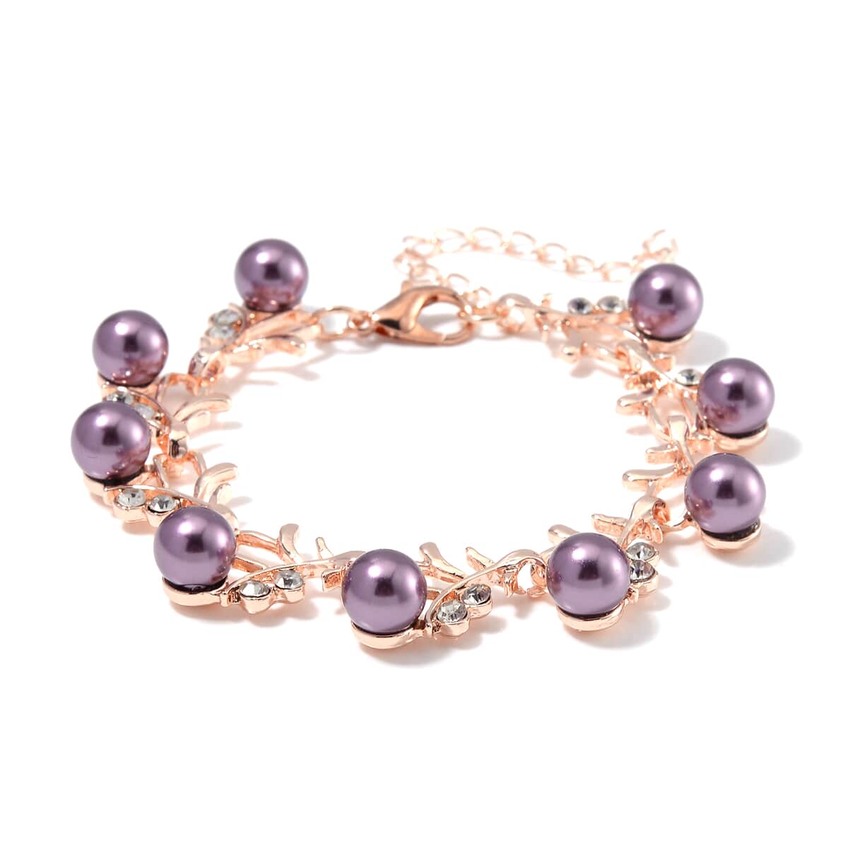 Purple Shell Pearl and White Crystal Bracelet (6.50-8.00In) and Stud Earrings in ION Plated RG and Stainless Steel image number 3