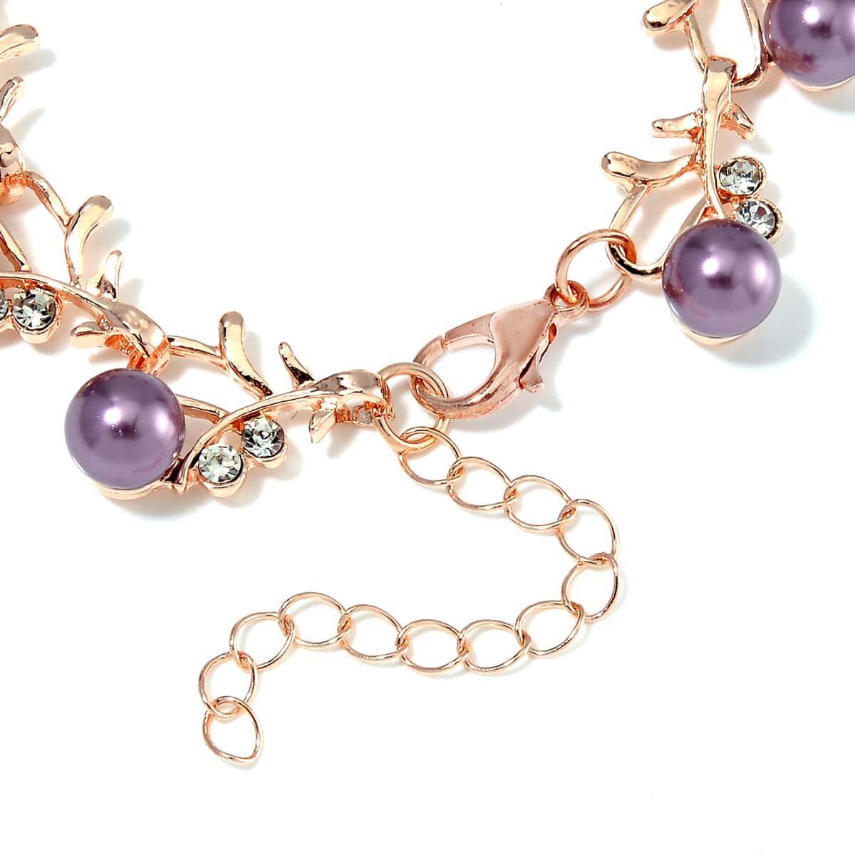 Purple Shell Pearl and White Crystal Bracelet (6.50-8.00In) and Stud Earrings in ION Plated RG and Stainless Steel image number 4