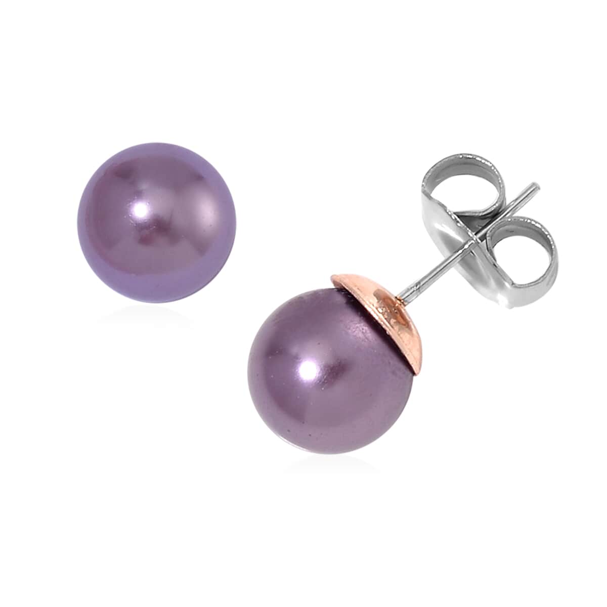 Purple Shell Pearl and White Crystal Bracelet (6.50-8.00In) and Stud Earrings in ION Plated RG and Stainless Steel image number 5