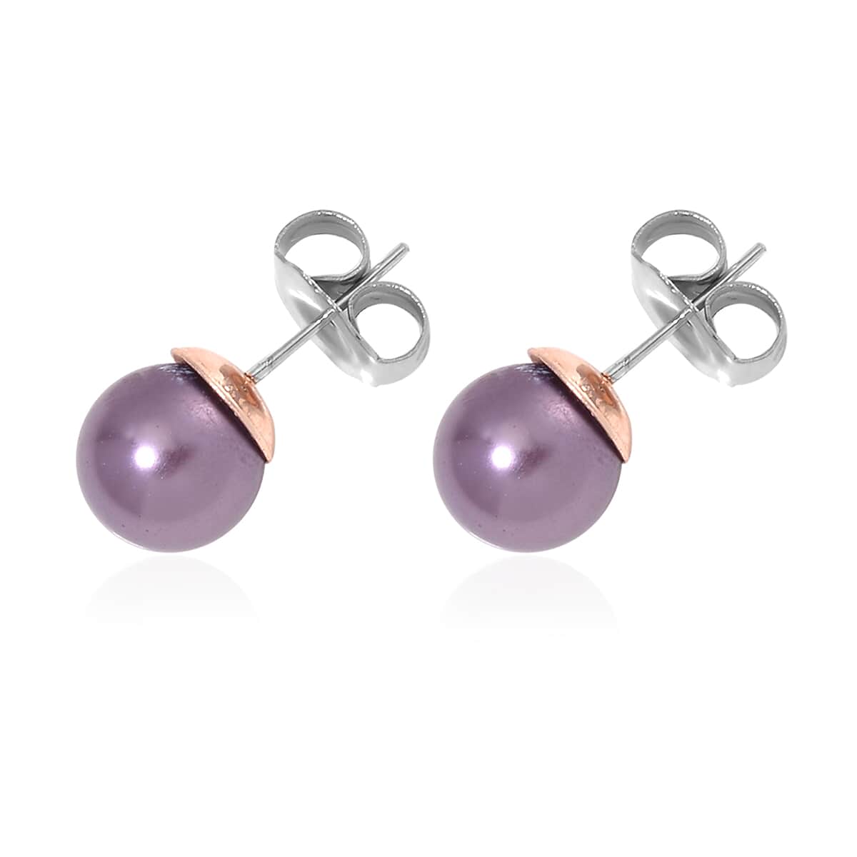 Purple Shell Pearl and White Crystal Bracelet (6.50-8.00In) and Stud Earrings in ION Plated RG and Stainless Steel image number 6