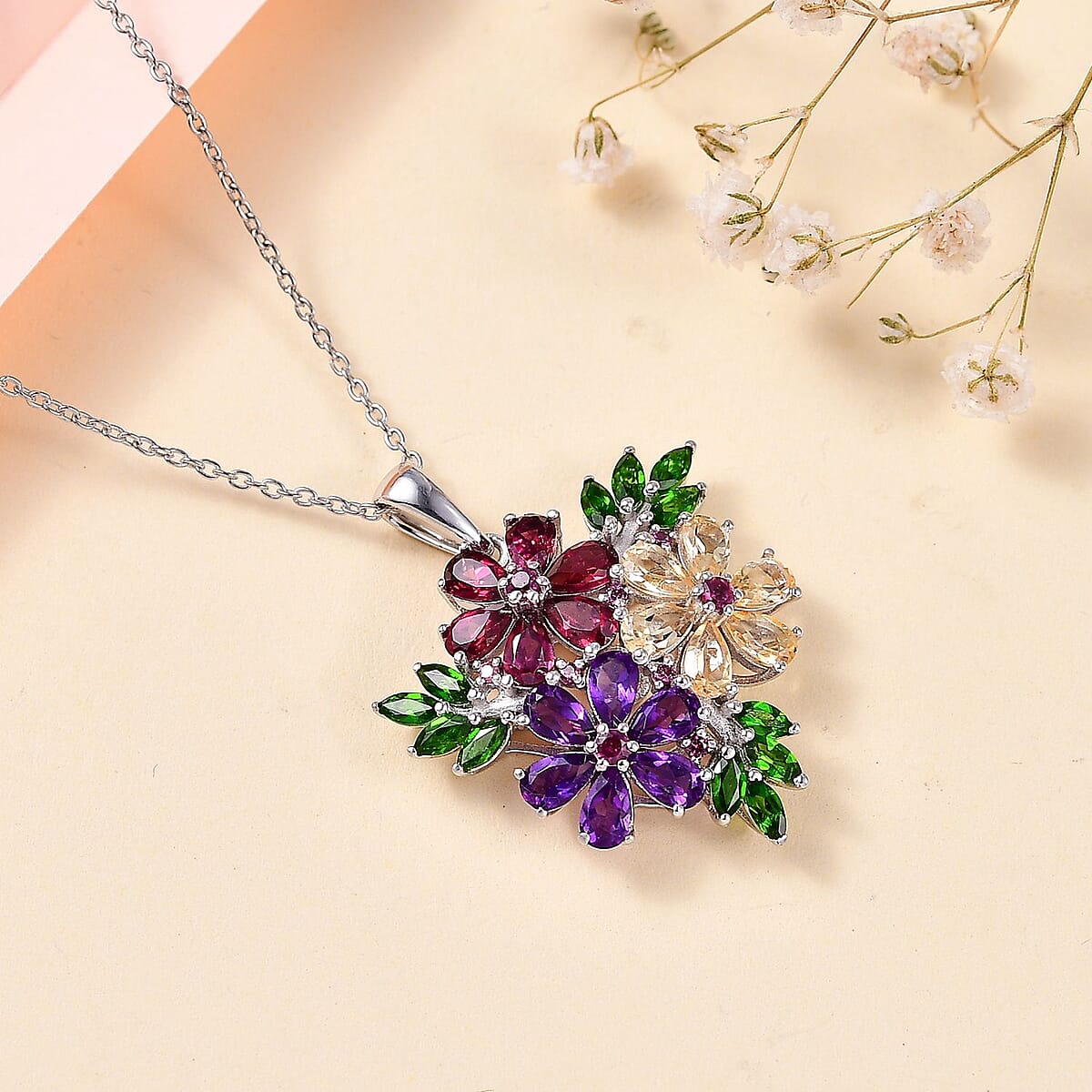 Multi Gemstone Hibiscus Flower Pendant Necklace 20 Inches in Rhodium Over Sterling Silver 5.50 ctw image number 1