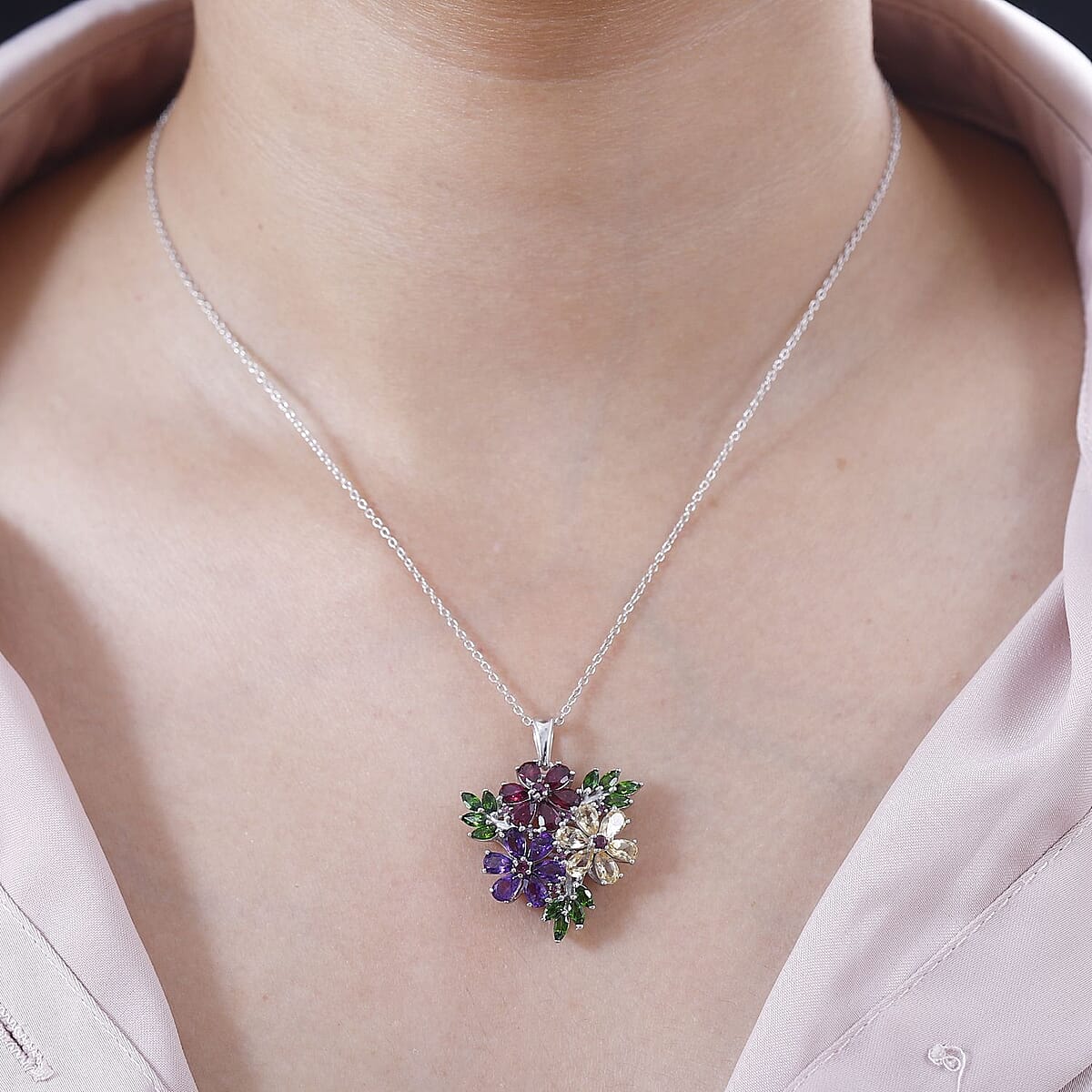 Multi Gemstone Hibiscus Flower Pendant Necklace 20 Inches in Rhodium Over Sterling Silver 5.50 ctw image number 2