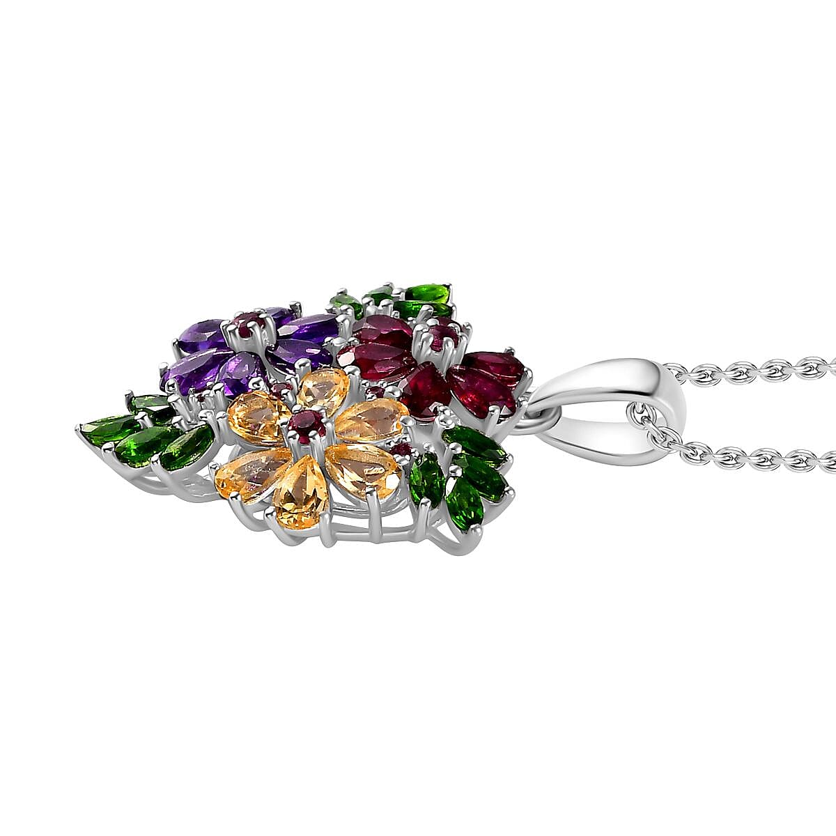 Multi Gemstone Hibiscus Flower Pendant Necklace 20 Inches in Rhodium Over Sterling Silver 5.50 ctw image number 3