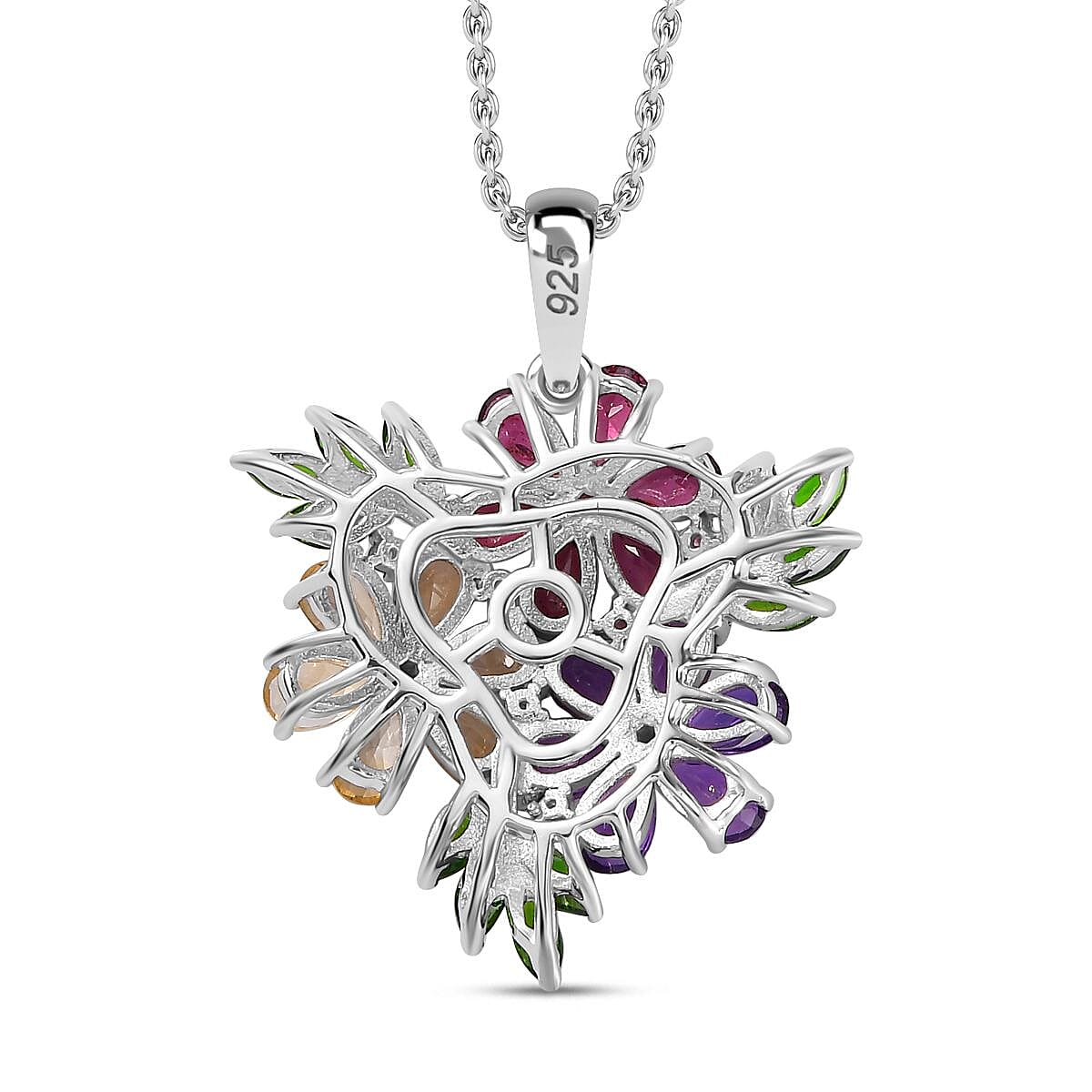 Multi Gemstone Hibiscus Flower Pendant Necklace 20 Inches in Rhodium Over Sterling Silver 5.50 ctw image number 5