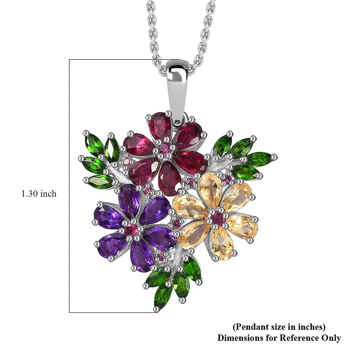 Multi Gemstone Hibiscus Flower Pendant Necklace 20 Inches in Rhodium Over Sterling Silver 5.50 ctw image number 6